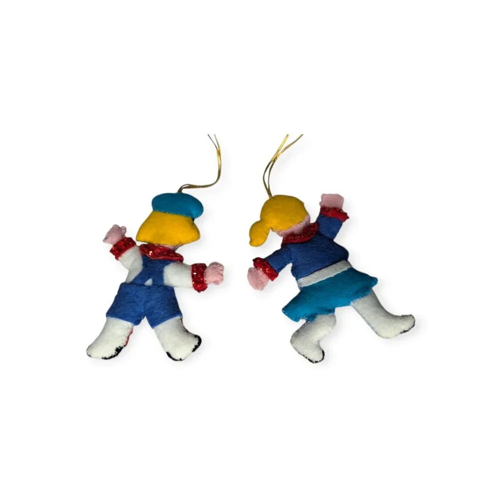 Vintage 1970s Bucilla Felt & Sequin Jack & Jill Ornaments Set of 2